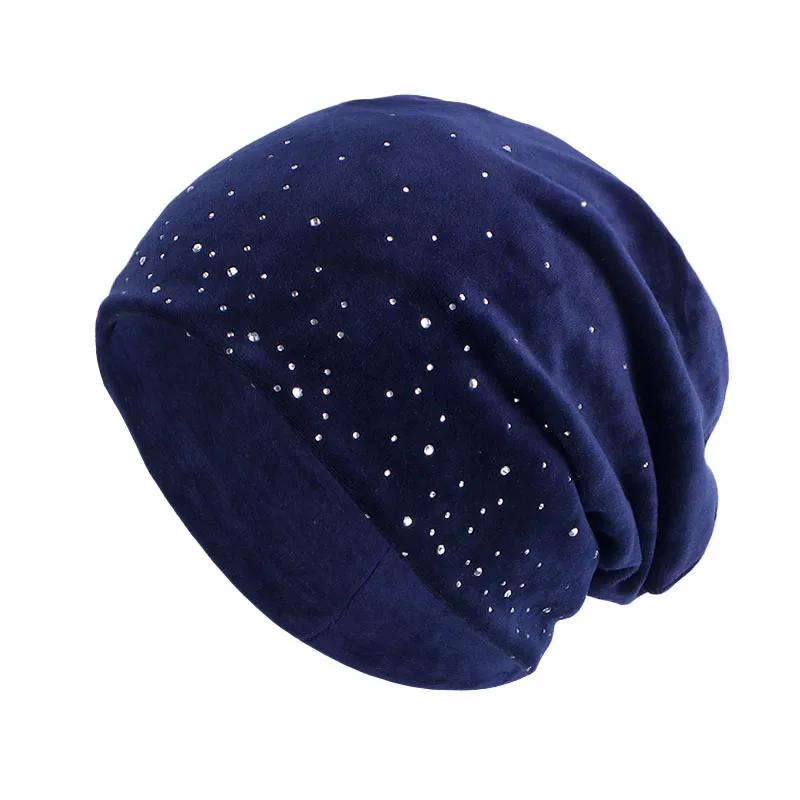 New Women Rhinestone Decor Velvet Slouchy Beanie Baggy Hat Solid Color Elastic Skull Cap Lightweight Warm Beanies Chemo Cap