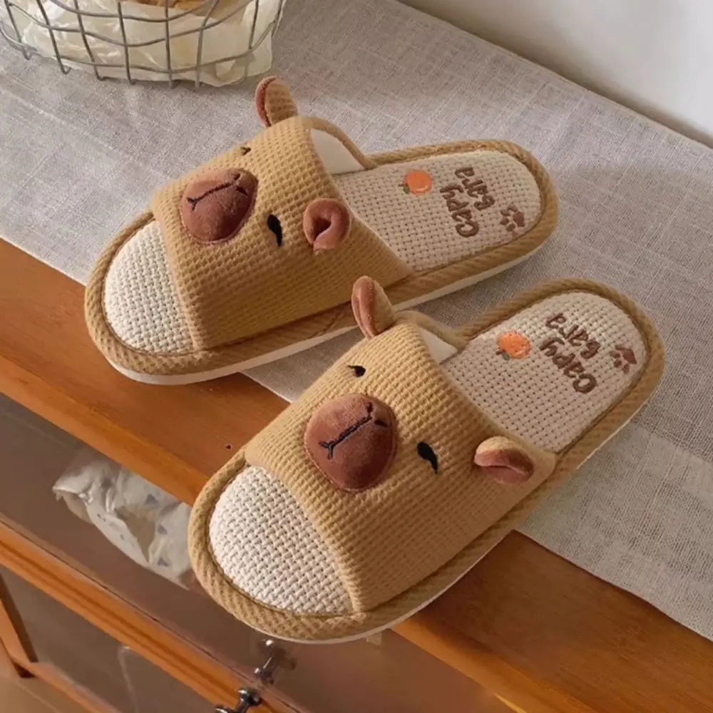 

Cute Soft Warm Capybara Slippers Cartoon Silent Capybara Linen Slippers Anti-Slip Home Wear Shoes Winter Capybara Slides Women