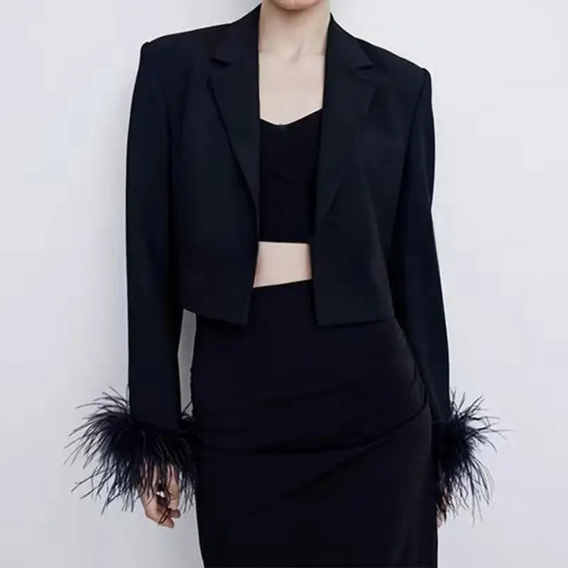 

Women's Black Tassel Small Blazers, Diamond Feathered, Short, Fashionable Suit Jacket, Heavy Industry, Spring