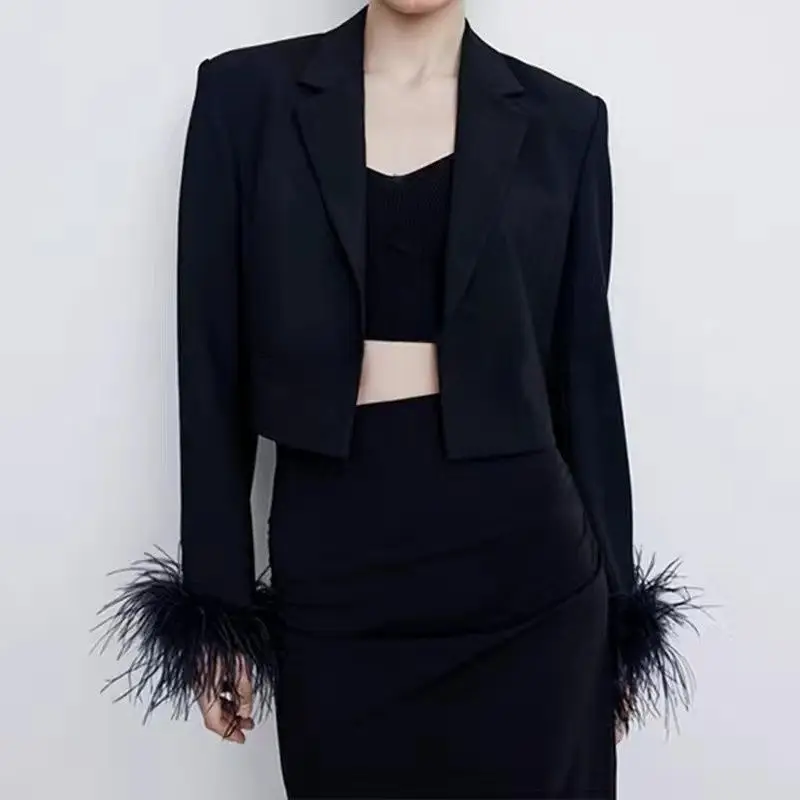 Women's Black Tassel Small Blazers, Diamond Feathered, Short, Fashionable Suit Jacket, Heavy Industry, Spring