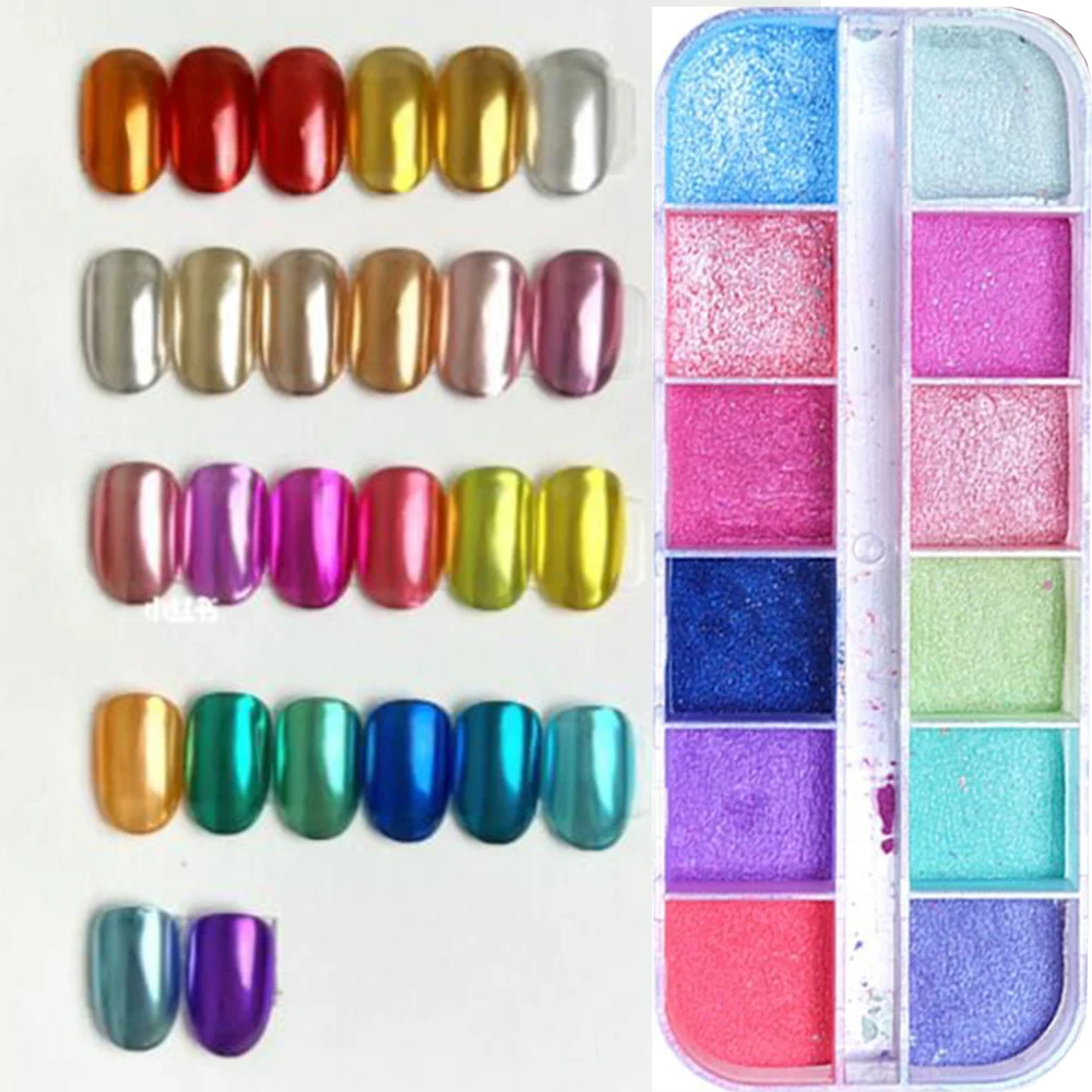 12 Kleur/Doos Chroom Nagel Poeder Magische Spiegel Wrijven Nagel Glitter Poeders Spiegel Effect Voor Nagels Diy Multi Colored Nail Poeders