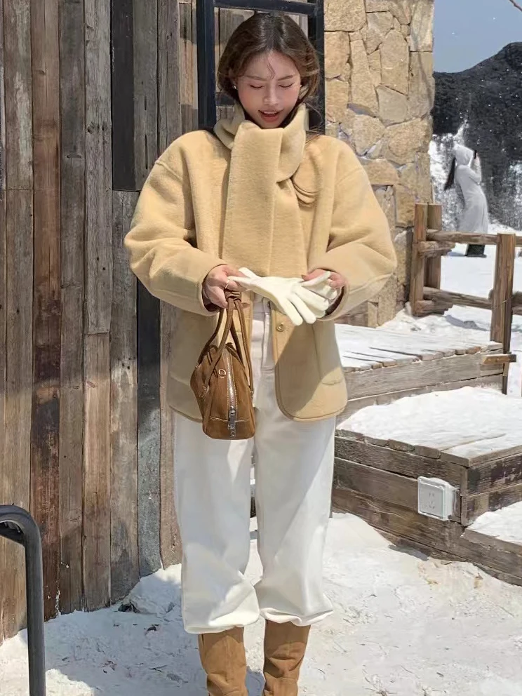 الكورية Sle جولة Ne الفراء Jaet المرأة شتاء جديد Faion لطيف مطابقة وشاح فضفاض صالح معطف الجلود والفرو