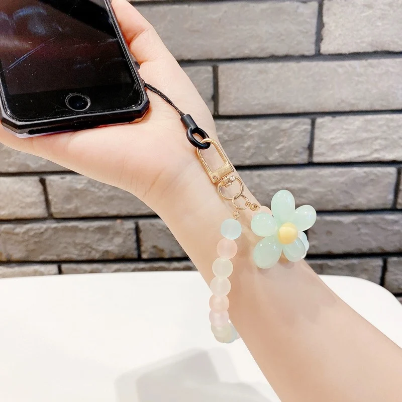 Macaron Color Jelly Flower Beaded Mobile Phone Chain Women\'s Fashion Cute Cellphone Case Anti-lost Hanging Lanyard Wrist Strap