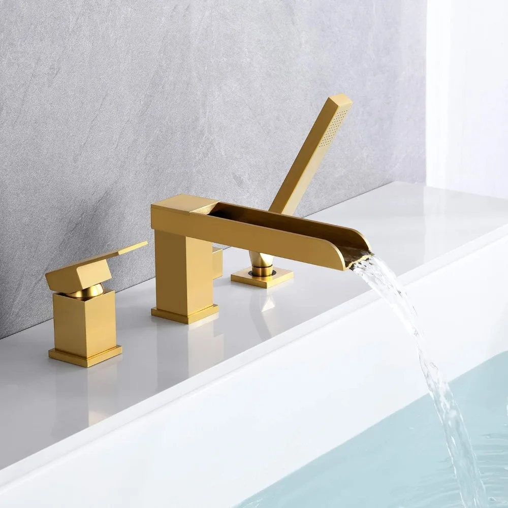 Roman Tub Faucets Deck Mount Brushed Gold Bathtub Faucets Brass Tub Filler Bathroom Faucets with Hand Shower