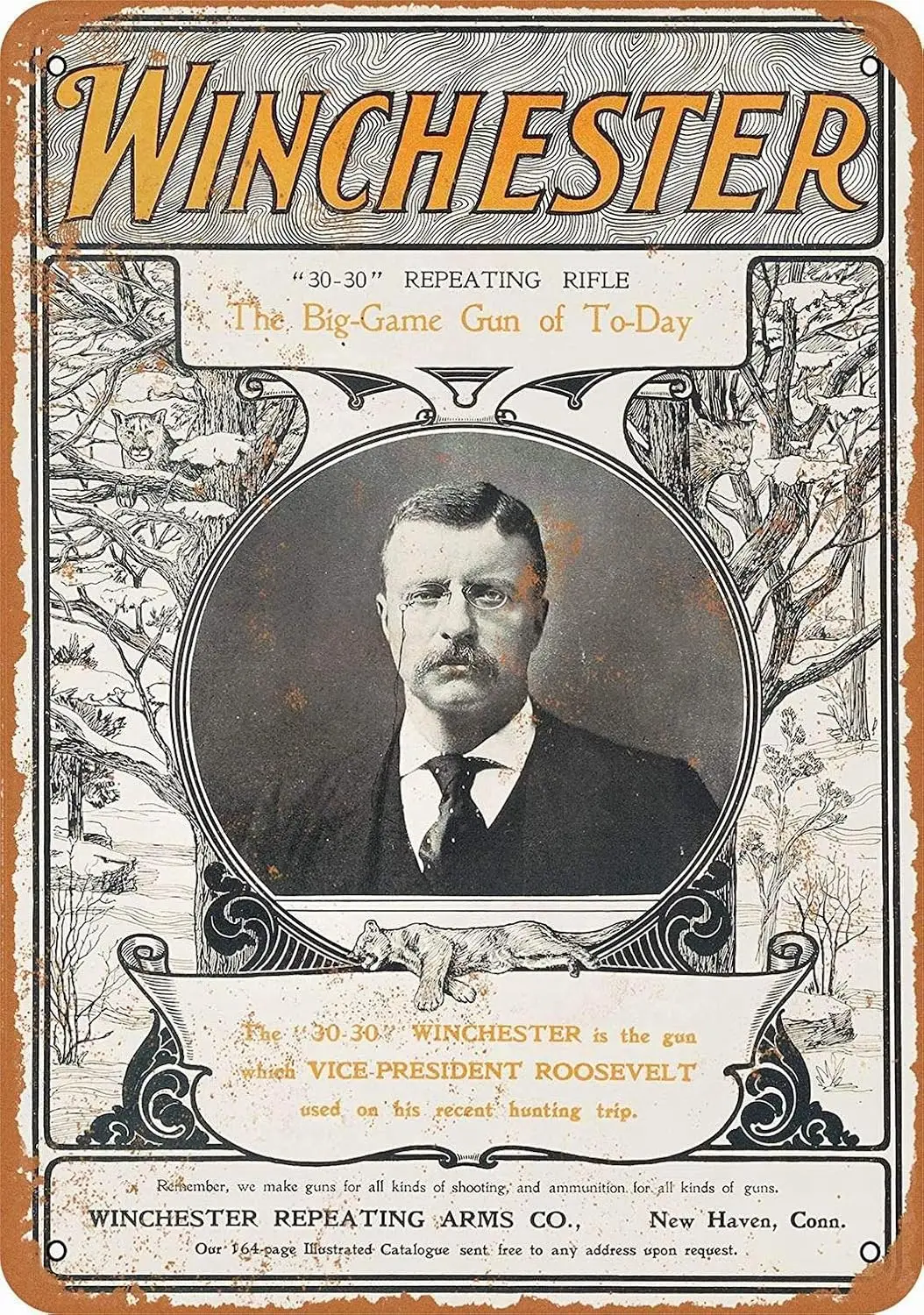 Metallschild – Teddy Roosevelt Winchester Rifles – Retro-Blechkunst-Dekoration für die Wand