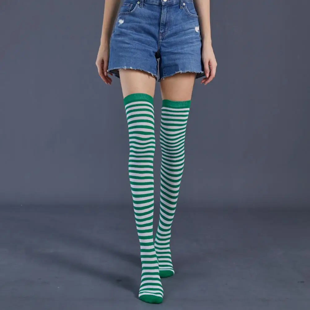 3 Pairs Striped Stockings Green White Contrast Color Over Knee Length Elastic Stockings Holiday Christmas Party Long Thigh Socks