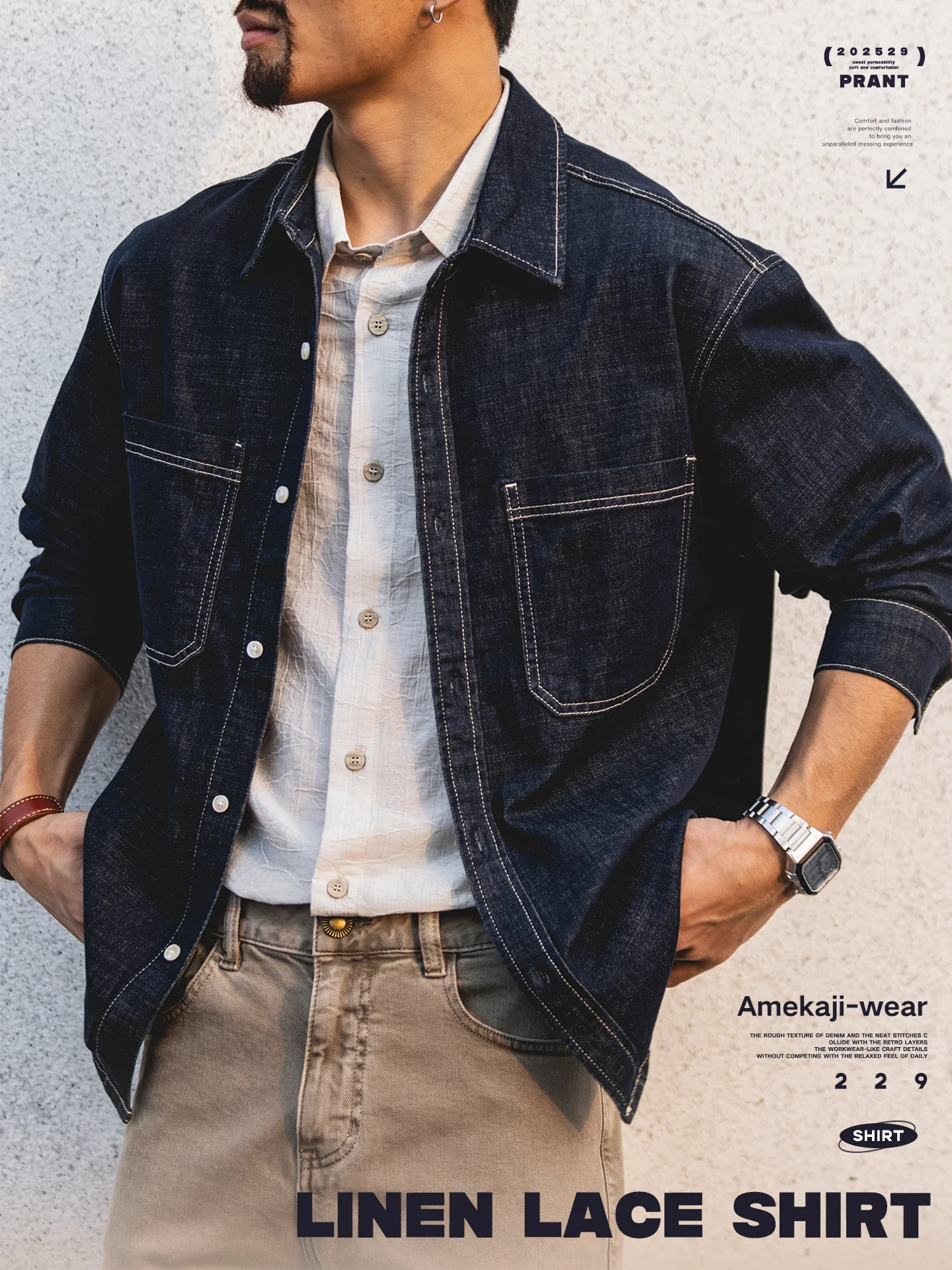 American Retro Linen Polyester Blend Men's Denim Shirt Long Sleeve Workwear Loose Fit Youth Trend Spring Autumn New Arrival