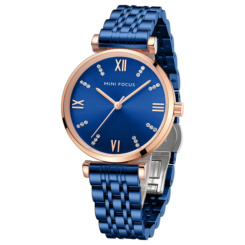 

MINI FOCUS MF0335L Luxury Diamonds Dial Watch Blue Stainless Steel Band Waterproof High Quality Women Quartz Watches