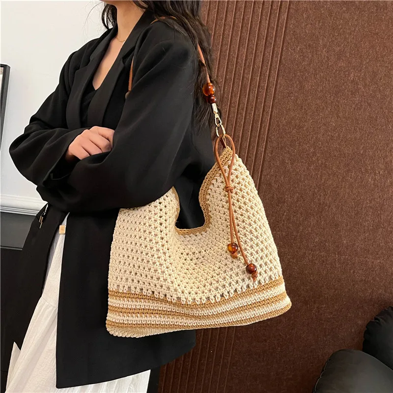 

Luxury Woven Tote Bag for Women's Summer, Breathable Crochet Hollow Out Design, Elegant Beach Bag Handles, Fashion Shoulder Bag