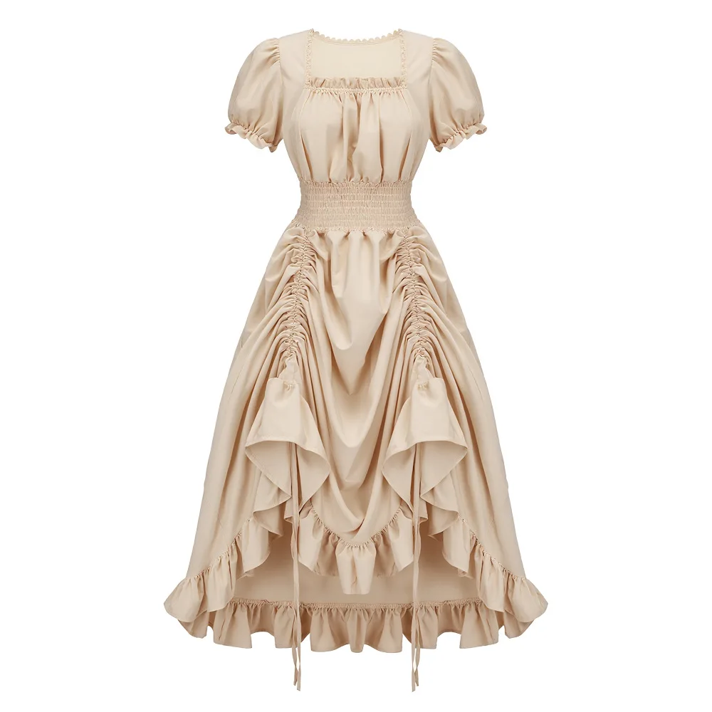 Mittelalterliches Kleid, Retro-Renaissance, plissiert, einfarbig, elastische Taille, großes Schaukelkleid, Party, Cosplay-Kostüme