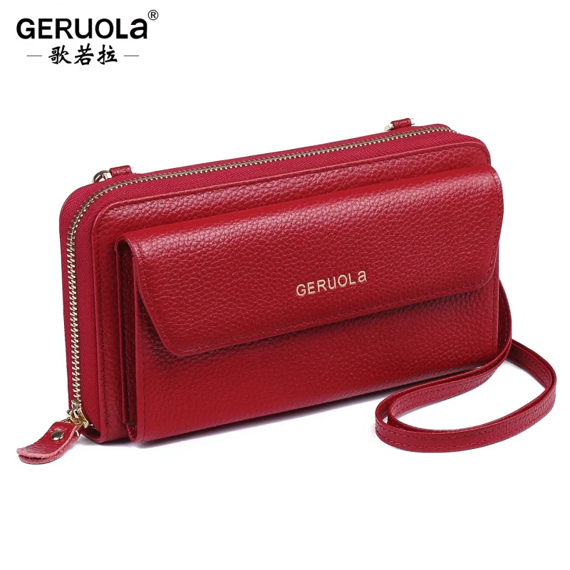 Western RFID Blocking Cowhide Leather Lychee Grain Women Shoulder Wallet Large Capacity Purse for Ladies