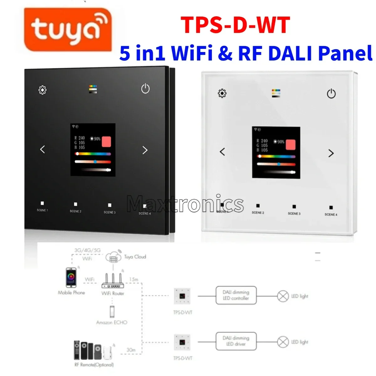 5 w 1 DALI WiFi i RF do montażu na ścianie Panel dotykowy Tuya App Control AC100-240V TPS-D-WT dla jednokolorowego światła LED RGB + CCT CCT RGB RGBW