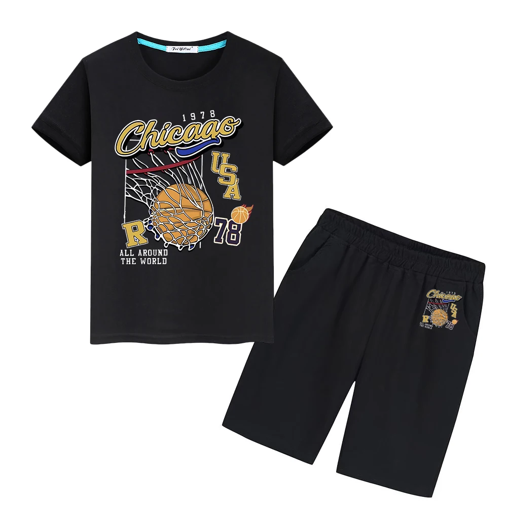 

Basketball Print Sports Sets 100%Cotton T-shirt Summer Cute Tees Tops+shorts Kawaii Tshirts kid holiday gift boys girls clothes