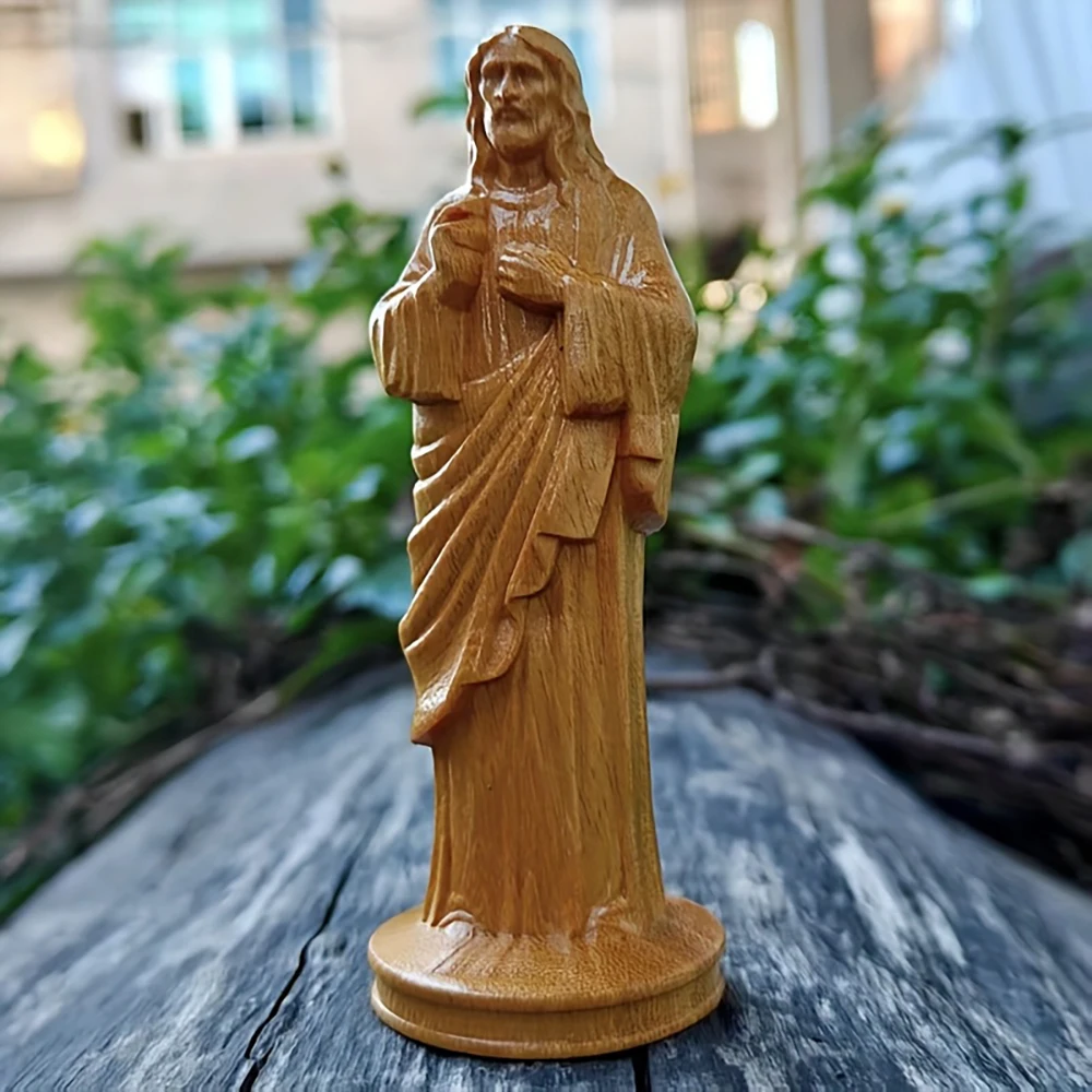 3.8-Inch Handmade Wooden Carved Jesus Figurine, a Decorative Craft Item Suitable for Creative Home Desktop Decorations, Creative Desktop Ornaments, Party Decorations, Housewarming Gifts, Indoor Decorations, Tabletop Decorations, Christmas Decorations, and Statue Ornaments