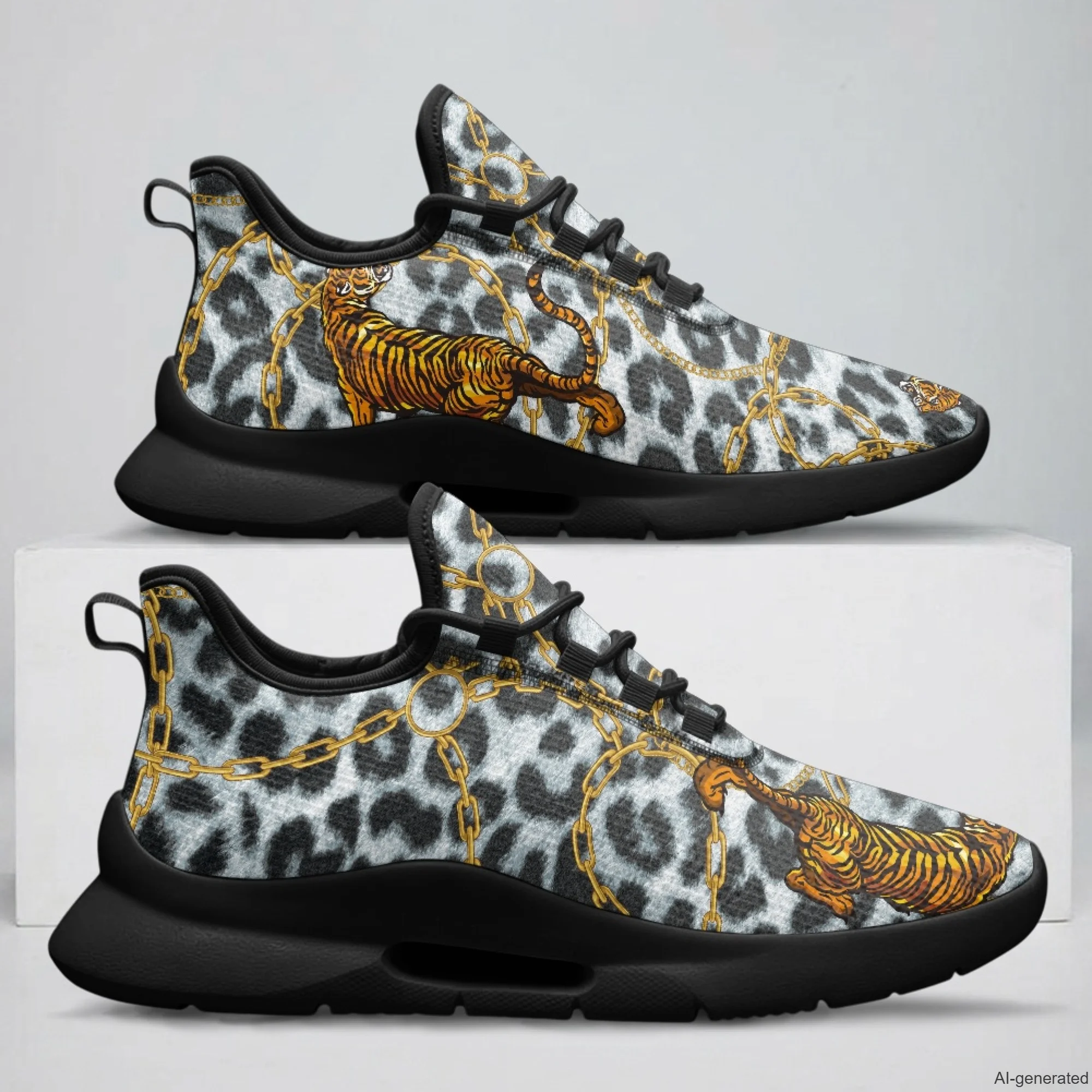 

XIXIRIMIDO Lace-up Casual Shoes Men's Sneakers Breathable Mesh Walking Shoes Tiger Chain Print Women's Fashion Shoes 35-48