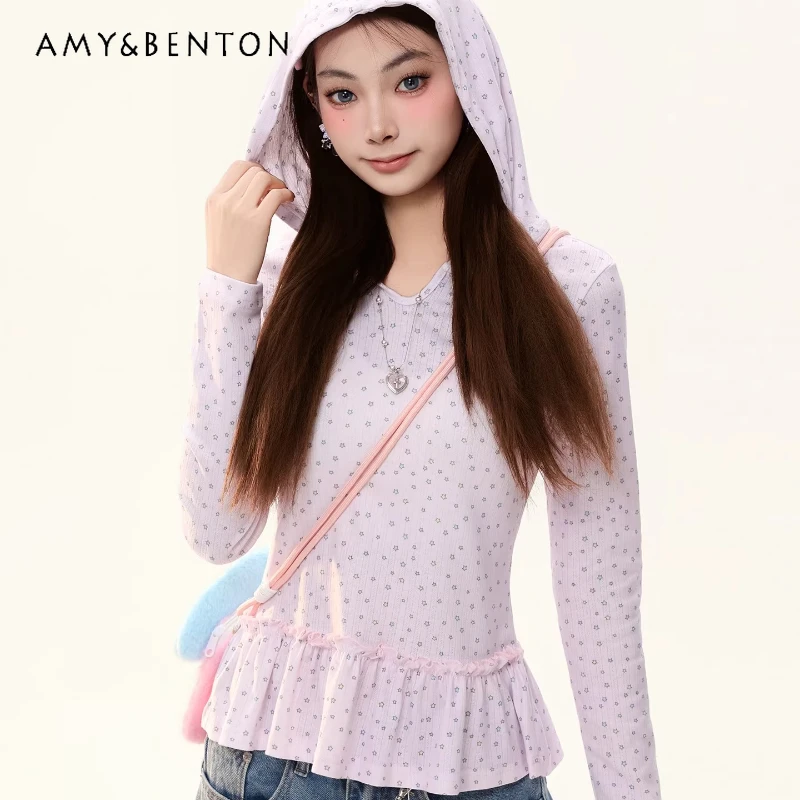 

2026 Spring New Y2k Star Floral Hooded Women's Bottoming Shirt American Retro Sweet Thin Ruched Hem Long Sleeve T-Shirt Ladies