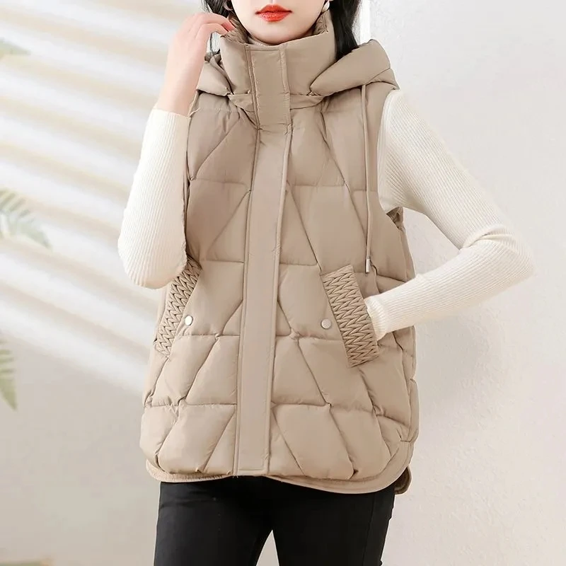 

Down Waistcoat 2025 Autumn Winter Stand Collar Hooded Women Down Cotton Padded Vests Casual Simple Korean Loose Outwear Tops New
