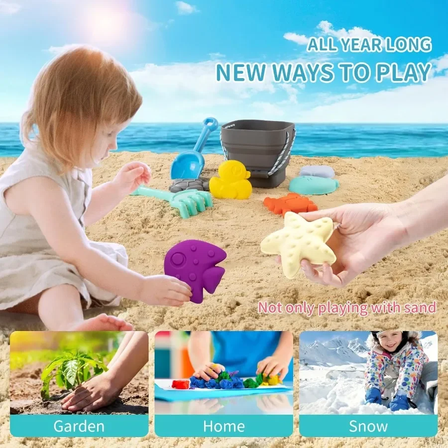 Jouets de plage en Silicone pour bébé, ensemble de plage moderne pour voyage, seau, pelle, 7 moules à sable, sac, jouets de sable pour tout-petits, 11 pièces, gris foncé