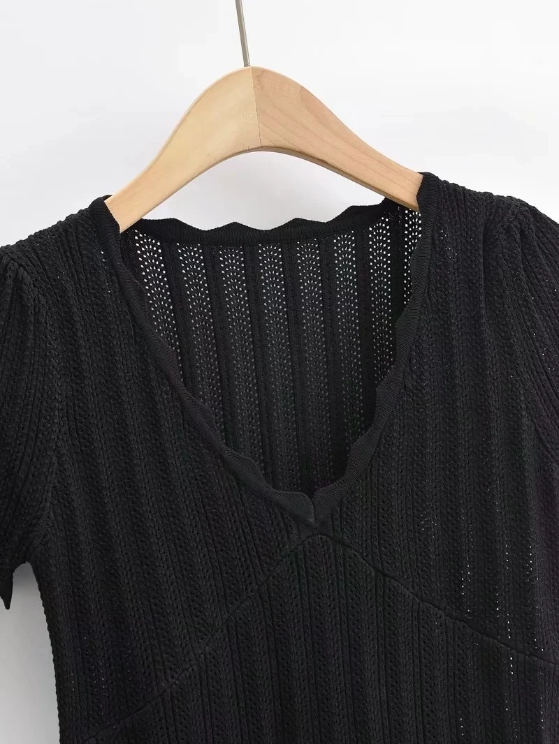 Women V Neck Knitted Crochet Tee With
