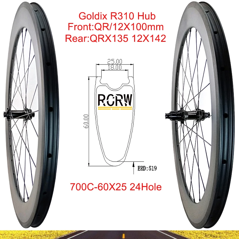 

700C Road 60X25mm Wheelset 24Hole Carbon Rim Tubeless Deep 60mm Wide 25mm Center Lock Ratchet 36T Goldix R310 Hub Shiman XD XDR