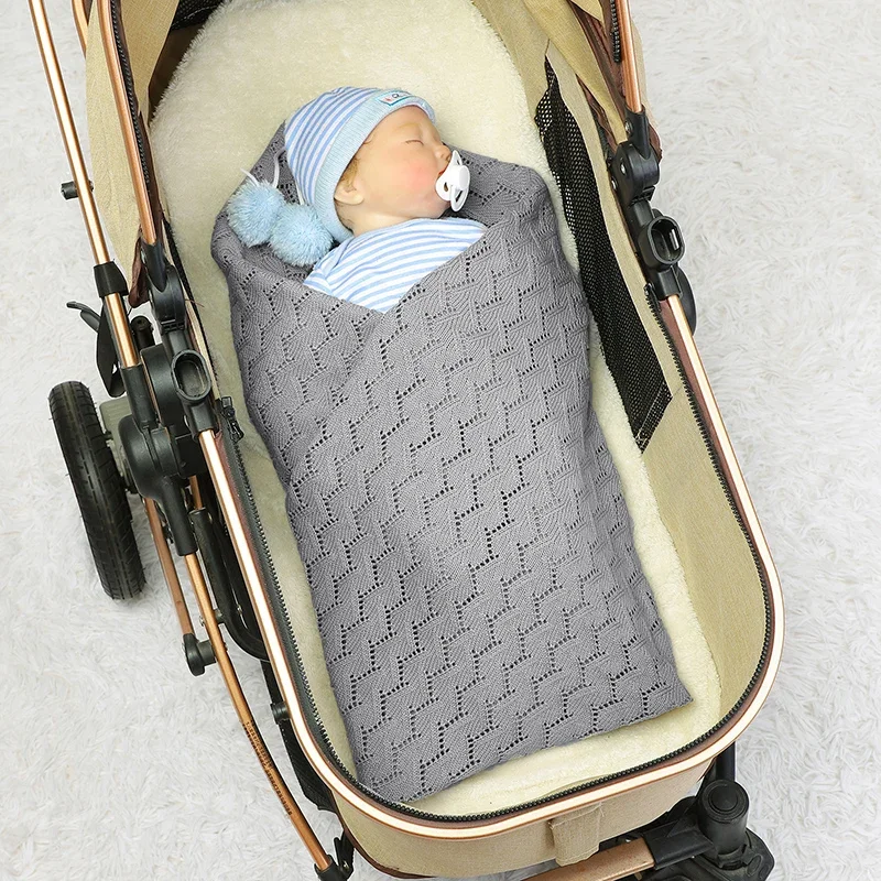 Katoenen Baby Deken Gebreid Pasgeboren Meisje Jongen Beddengoed Quilt Plaid Mode Uitgehold Kinderwagen Inbakeren 90*70Cm Super Zacht