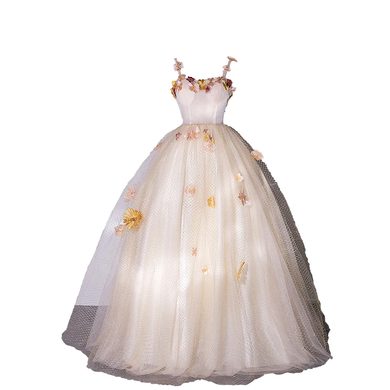 New Champagne Vestidos De Quinceaneras Sexy Spaghetti Strap Backless Ball Gown Sweetheart-neck Flower Elegante Prom Dress