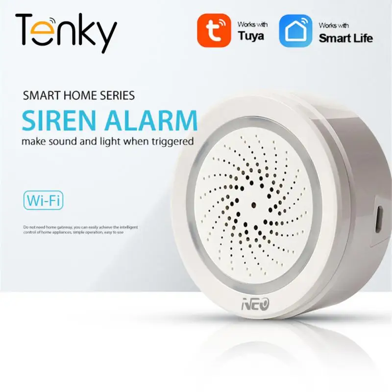 Tuya WiFi Smart Wireless Siren Alarm + Temperature 2 in 1 Sensor 100DB USB Power Via iOS Android APP Notification No HUB Require