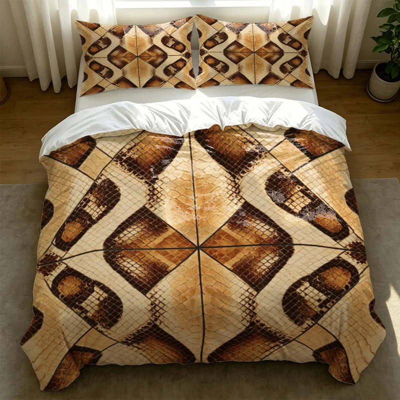 2/3Pcs Polyester Duvet Cover Set,Ultra-Soft,Breathable,Skin-Friendly,Durable,Brown Snake Skin Geometric Patch Print