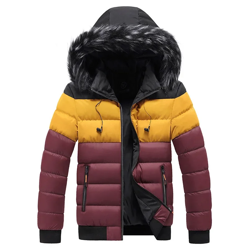 Men's Winter Youth Hooded Jacket Men's Thickened Warm Cotton Jacket Windproof Casual Color Matching Cotton Jacket