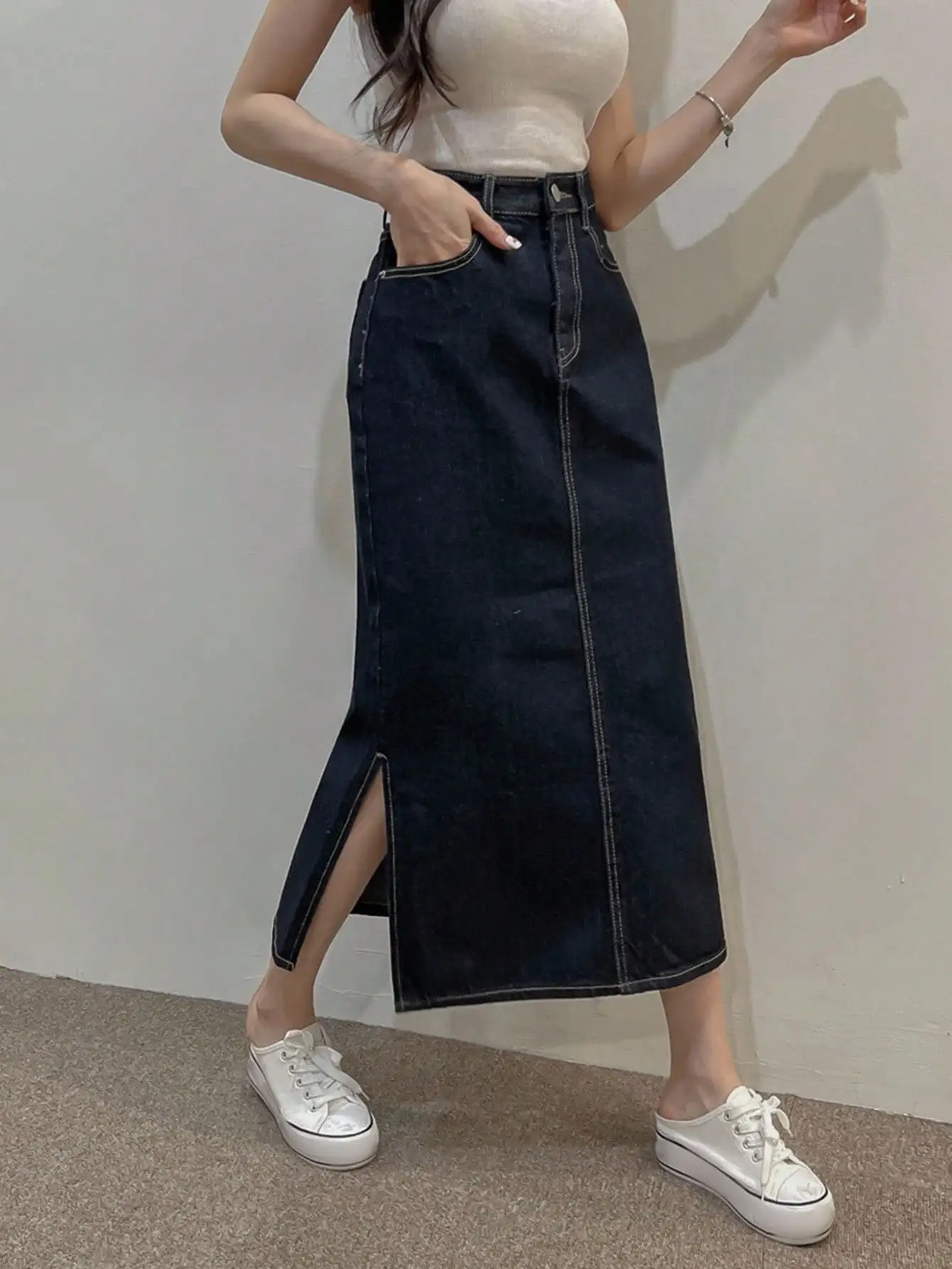 

High-Waisted Straight Cut Denim Skirt with Side Slit and Contrast Stitching