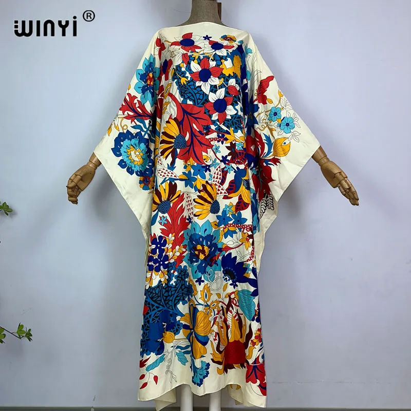 WINYI 2023 new kuwiat Fashion boho Popular printed Silk Kaftan Maxi dress Summer Beach Bohemian kaftan long dress for lady