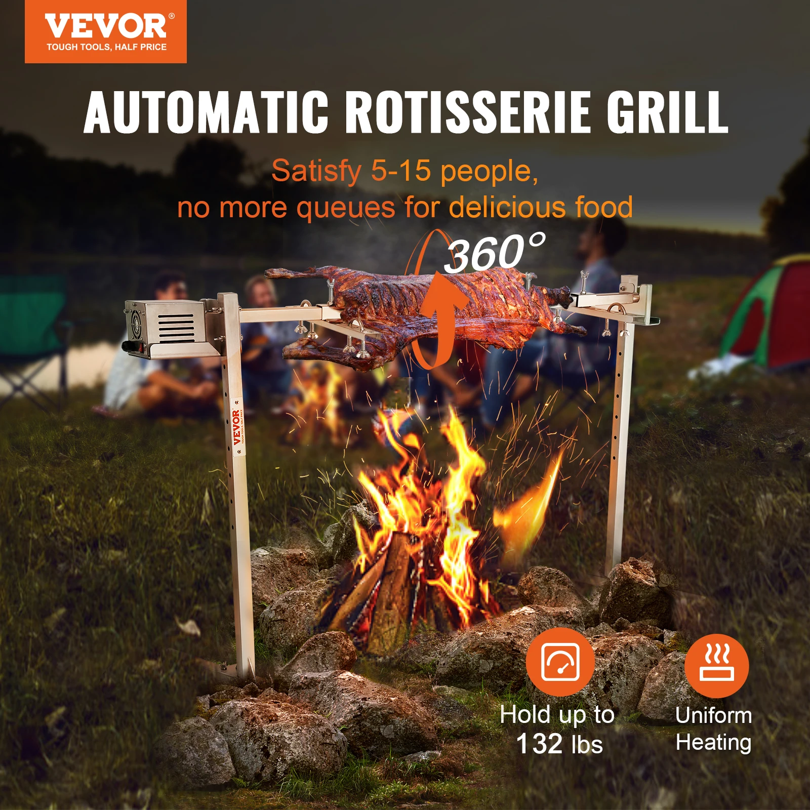 VEVOR Electric BBQ Rotisserie Grill Kit, Heavy Duty Spit Grill Kit, Stainless Steel Hexagon Spit Rod for Pig Lamb Roaster