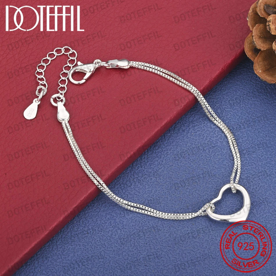 

DOTEFFIL 925 Sterling Silver Heart Bracelet with Box Chain Jewelry Women Accessory