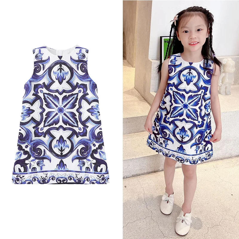 

2025New Children's Dress Girl's Blue and White Porcelain Dress Sleeveless Vest Dress Fashionable Children's Clothing