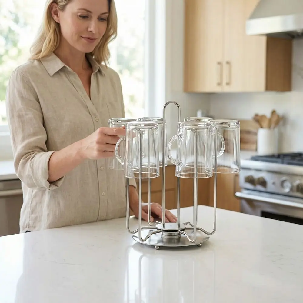 

Stainless Steel Rotating Cup Holder Large Capacity Upside-Down Glass Cup Storage Rack with Tray Saving Space Glass Cup Stand