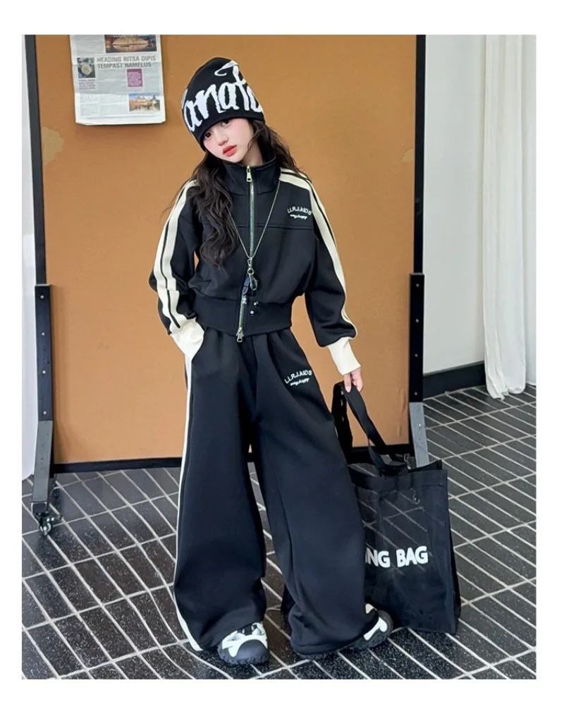 Herbstliches 2-teiliges Set für Mädchen, 4–14 Jahre, Kinder, Mädchen, Jacke mit Reißverschluss in zwei Richtungen + Hose, Anzug mit elastischem Bund, Trainingsanzug für jüngere Mädchen. – Detail 17