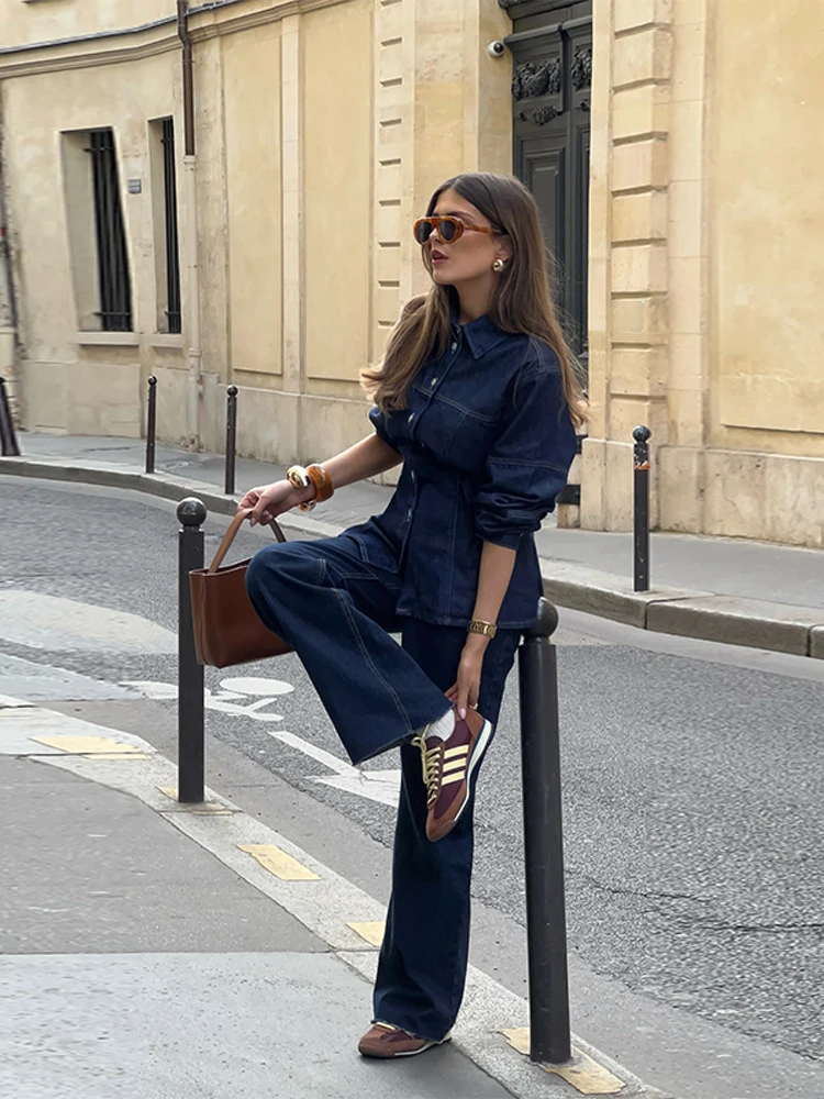 ผู้หญิงวินเทจ DENIM Halterneck เสื้อกั๊กกางเกงชุดแขนกุด DENIM ตรงลากกางเกงยีนส์ 2 ชิ้นชุด Baggy ชุด