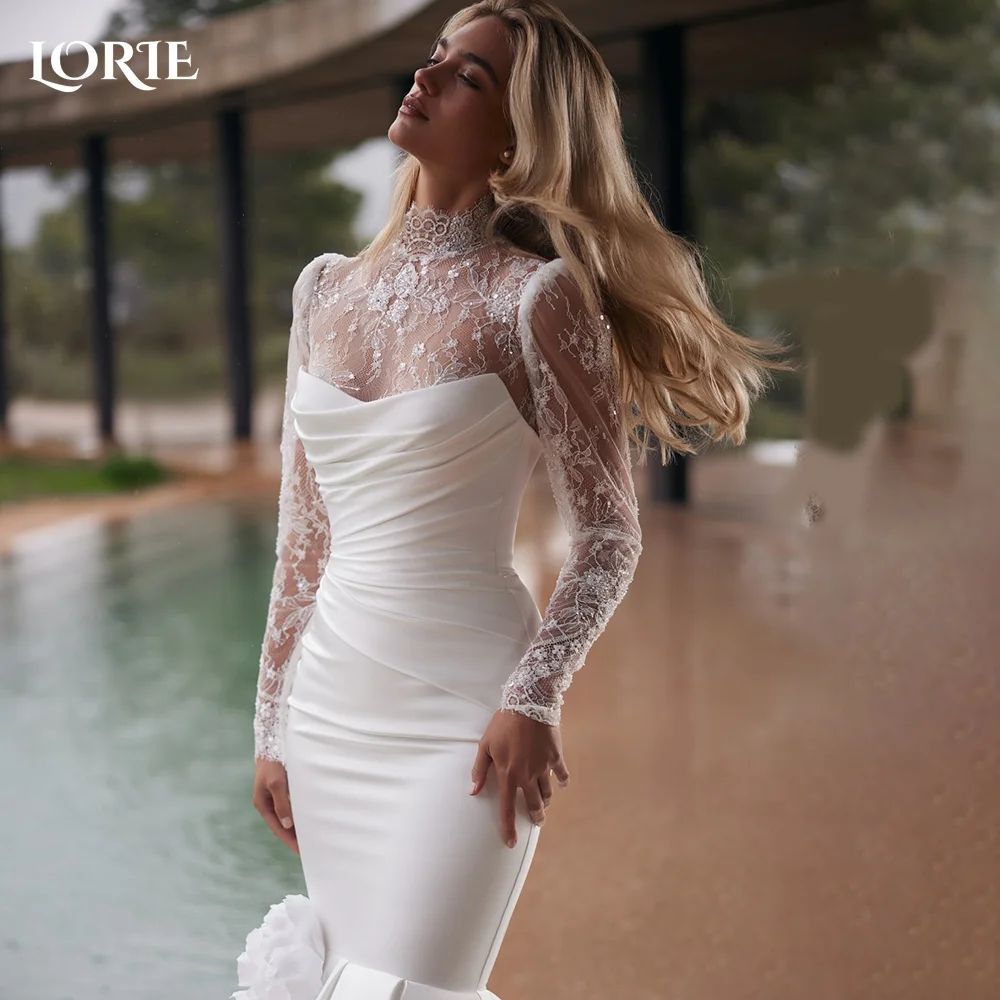 

LORIE Lace Arabia Wedding Dress Long Sleeve Floor Length Mermaid Prom Dresses Pleats Illsion Arabia Party Gown Customized Bridal