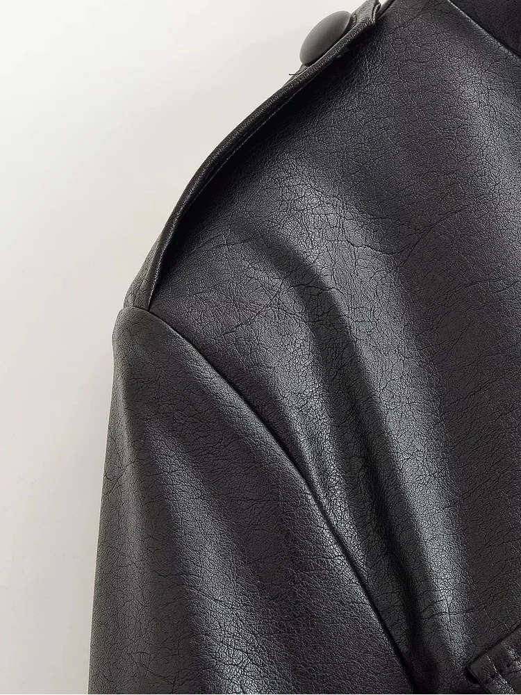 AACHOAE Women PU Leather Jacket Belted Waist Coat Stand Collar Button Front Long Sleeve Casual Vintage Faux Leather Outerwear