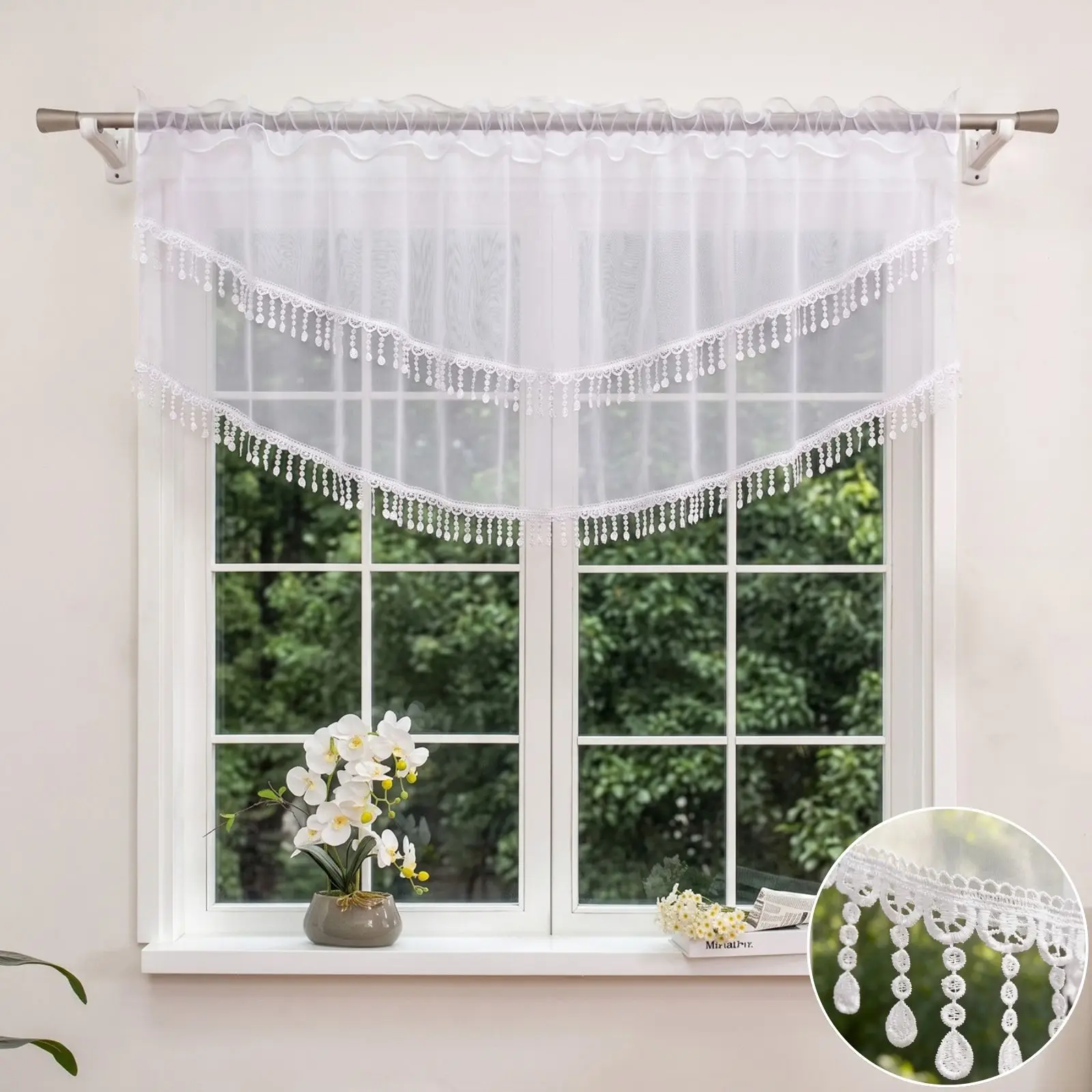 2PCS White Lace Beaded Tassel Cafe Valance Curtains, Light Filter Sheer Drapes For Kitchen Window Sweet Housewarming Gift view 6