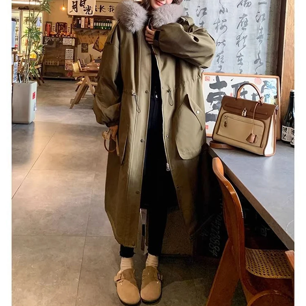 2026 Autumn Winter Men's Long Hooded Parka Jacket Warm Windproof Coat Faux Fur Collar Drawstring Waist Casual Outdoor Jacket