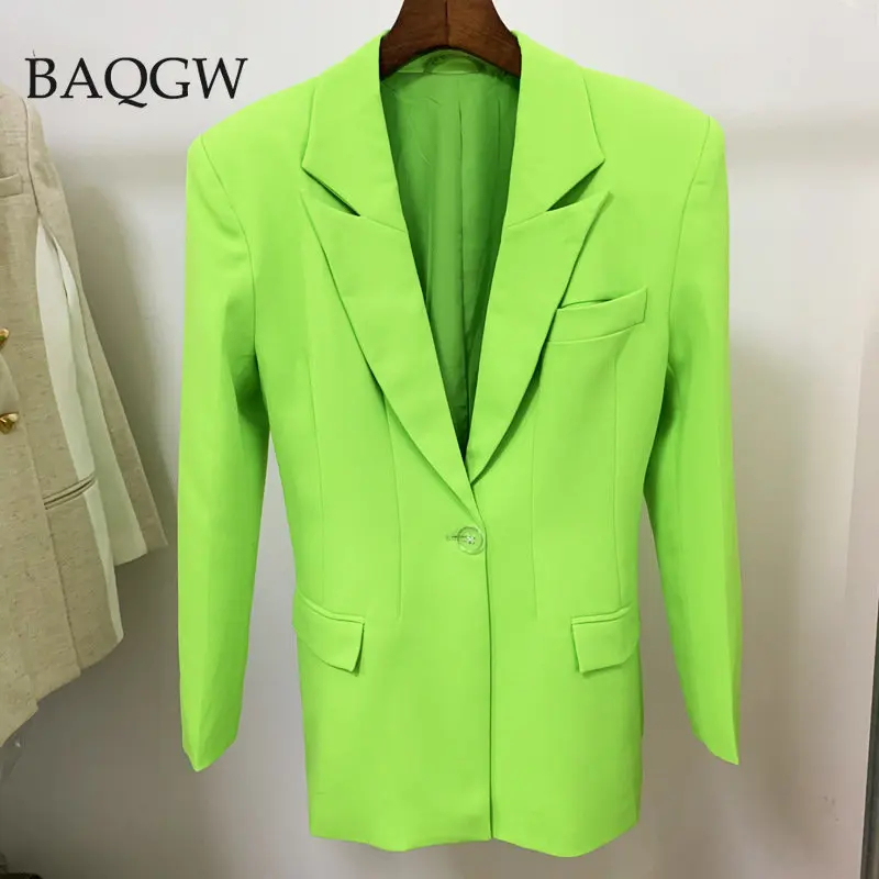 Streetwear Designer Jacket Women\'s Extra Shoulder Single Button Long Blazer Fluorescence Green Office Lady Luxury Jacket Coat