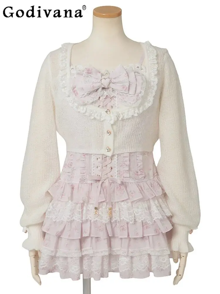 

Liz Japanese Sweet Lolita Dress Set Spring New 2026 Clothes Sweet Girls Woman Printed Dress and Knitted Top 2-piece Set Outfit