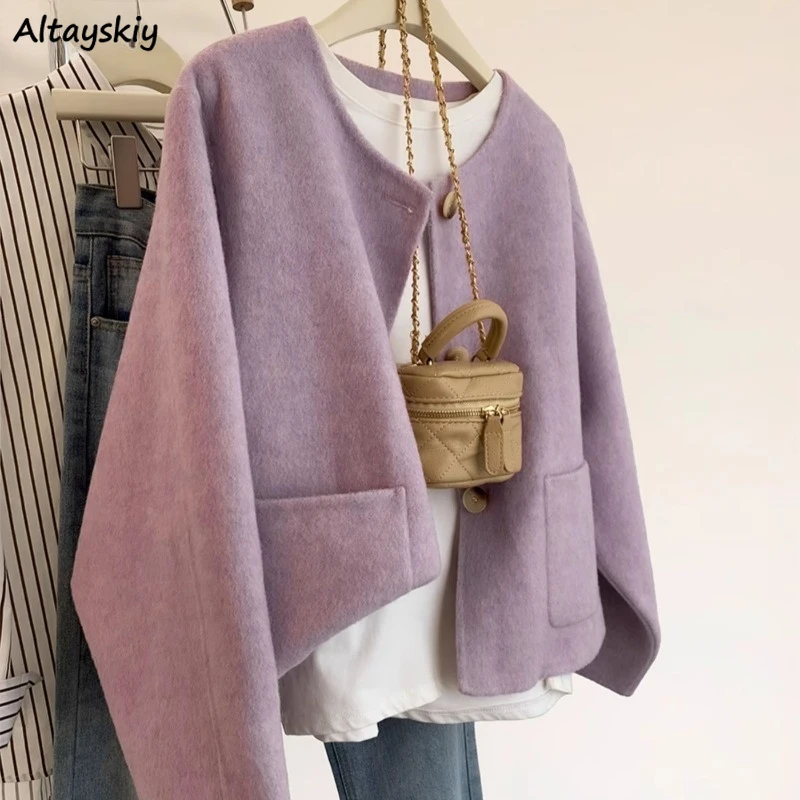 

Jackets Women Korean Fashion Tops Crop Baggy Purple Coats Casual All-match Single Breasted Elegant Female Attractive Ins