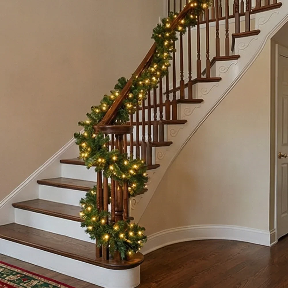 2.7M Artificial Green Christmas Garland Wreath, LED Pine Rattan Hanging Ornaments, Staircase Fireplace Door Xmas Tree Decoration