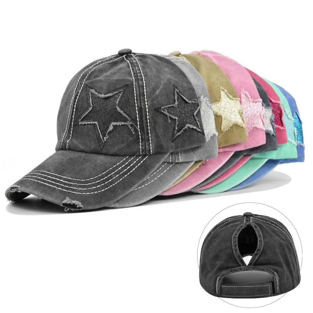 Women Ponytail Baseball Cap Washed Cotton Sun Hat Female Pentagram Sequins Hip Hop Snapback Hats Adjustable Sport Golf Hat Gorra