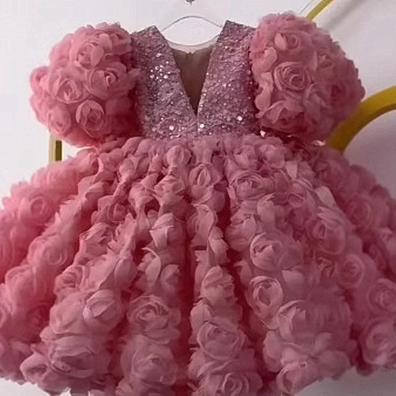 

Children Birthday Party Dress V-neck Rose luxurious Girl Wedding Party Dress Big bow tutu Flower Girl Cute Baby Dress First Gown