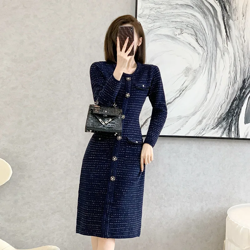 Long Sleeve Knit Dress Women French Style Button Front Sweater Dresses Female Pocket Autumn Winter Knitwear Women Clothes 568