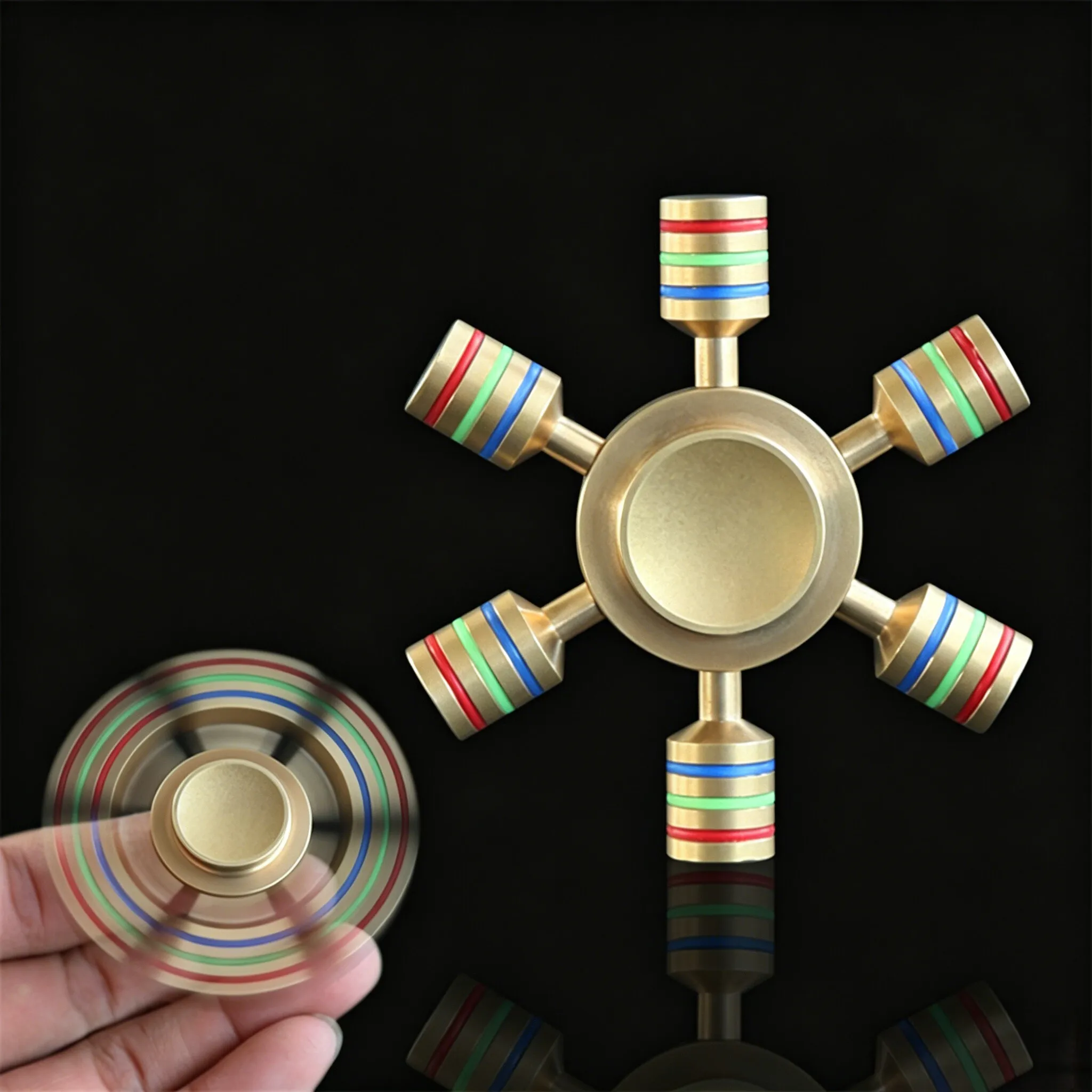 

Polished Brass Six Prong Hand Spinner Color Ring Counterweight Long Spin Stress Calming Office Daily Desktop Ornament Supply
