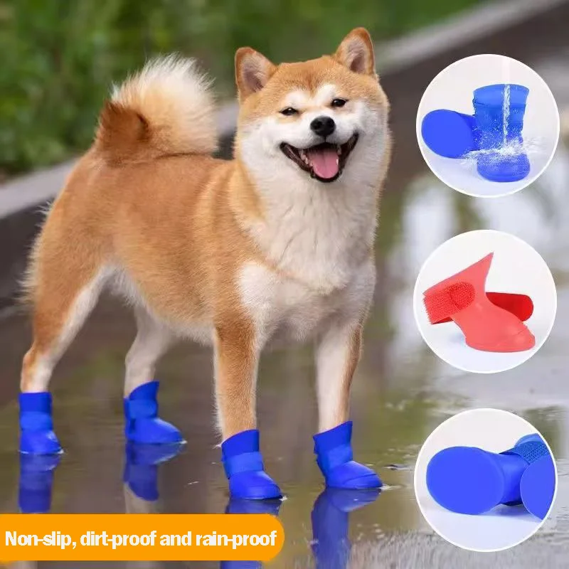 4 قطع من أحذية الكلاب المقاومة للماء من السيليكون للكلاب في الهواء الطلق، أحذية المطر خفيفة الوزن غير قابلة للانزلاق، أحذية المطر لحماية نعل الحيوانات الأليفة #2